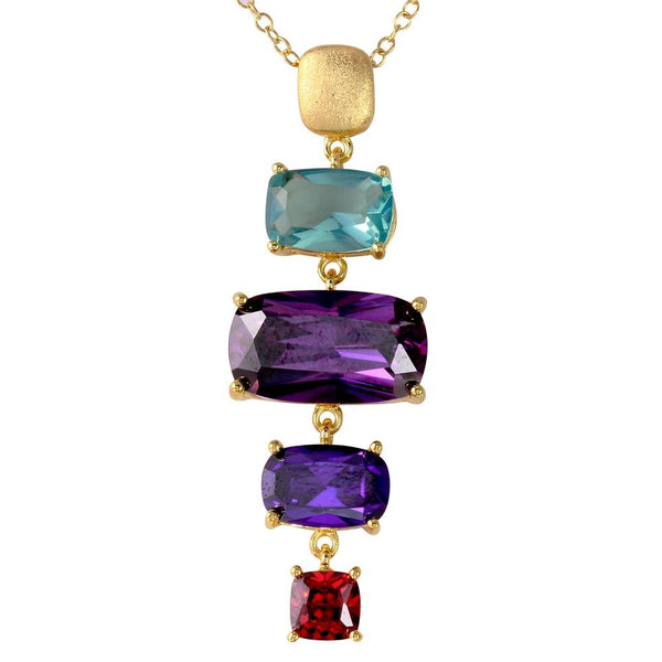 Silver 925 Gold and Matte Gold Plated 4 Dangling Multi Color CZ Necklace - BGP01186 | Silver Palace Inc.