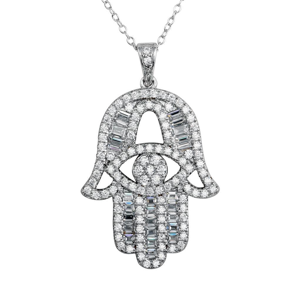 Silver 925 Rhodium Plated CZ Encrusted Hamsa Hand Necklace - BGP01191 | Silver Palace Inc.