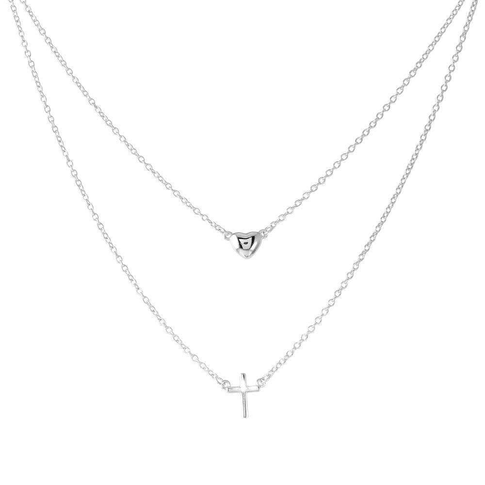 Silver 925 Rhodium Plated Double Strand Heart and Cross Necklace - BGP01198 | Silver Palace Inc.