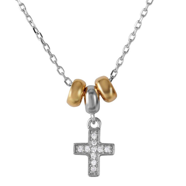Silver 925 Rhodium and Gold Plated Dangling CZ Cross with 3 Hoop Necklace - BGP01200 | Silver Palace Inc.