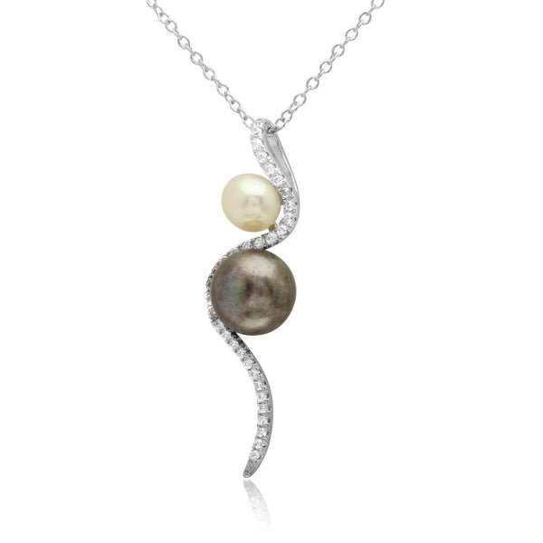 Silver 925 Rhodium Plated Fresh Water Pearl with Slanted CZ Design Necklace - BGP01222 | Silver Palace Inc.