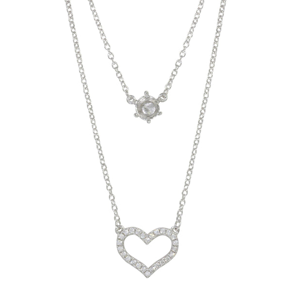 Silver 925 Rhodium Plated Double Chain Heart Necklace with Mounting Set - BGP01223 | Silver Palace Inc.