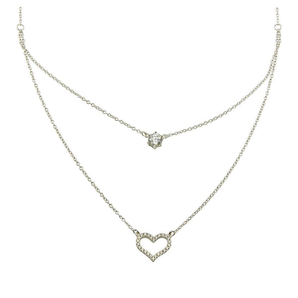 Silver 925 Rhodium Plated Double Chain Heart Necklace with CZ - BGP01224 | Silver Palace Inc.