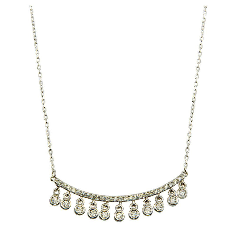 Silver 925 Rhodium Plated Curved Bar Necklace with Dangling CZ Stones - BGP01225 | Silver Palace Inc.
