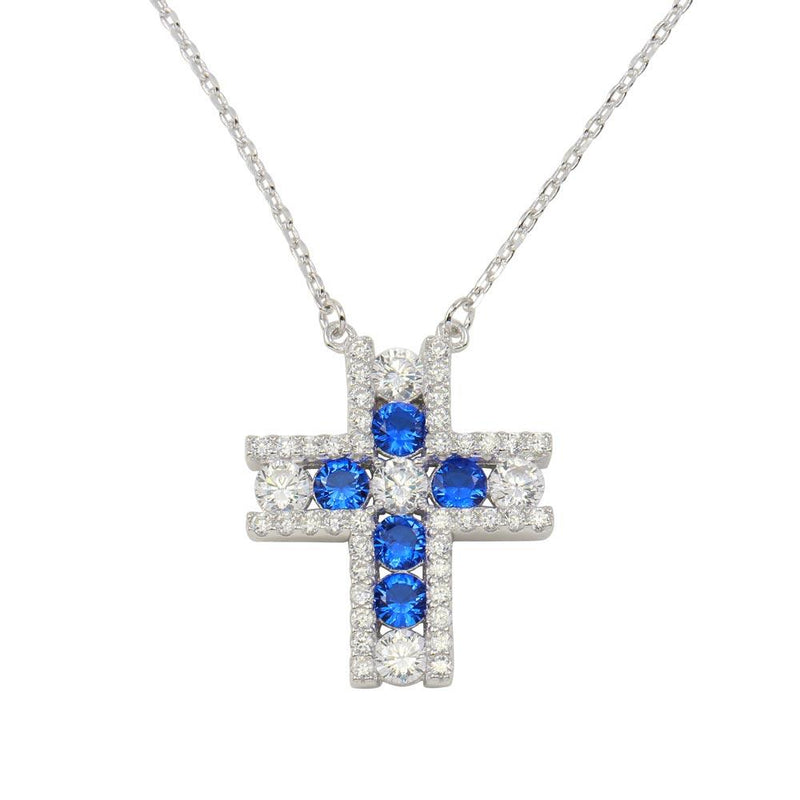 Silver 925 Rhodium Plated Cross Pendant Necklace with Clear and Blue Necklace - BGP01279 | Silver Palace Inc.