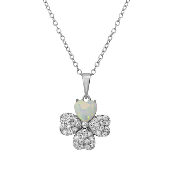 Silver 925 Rhodium Plated Clover CZ and Synthetic Opal Leaf Necklace - BGP01228 | Silver Palace Inc.