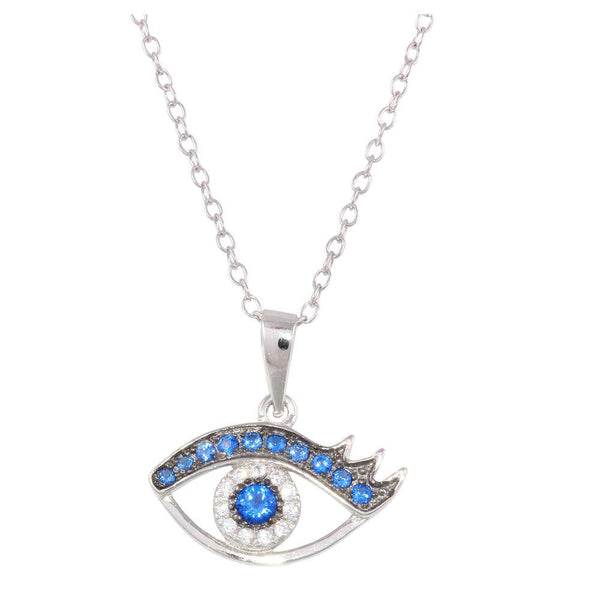 Silver 925 Rhodium Plated Small Evil Eye Pendant Necklace with Clear and Blue CZ - BGP01230 | Silver Palace Inc.