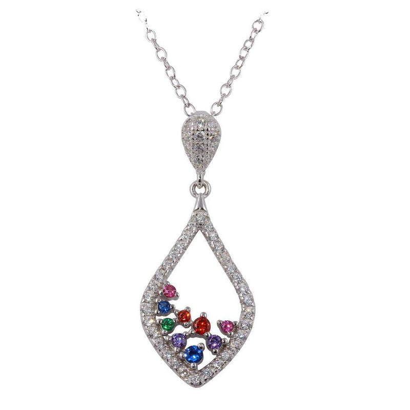 Silver 925 Rhodium Plated Droplet Necklace with Clear and Multi Colored CZ - BGP01233 | Silver Palace Inc.