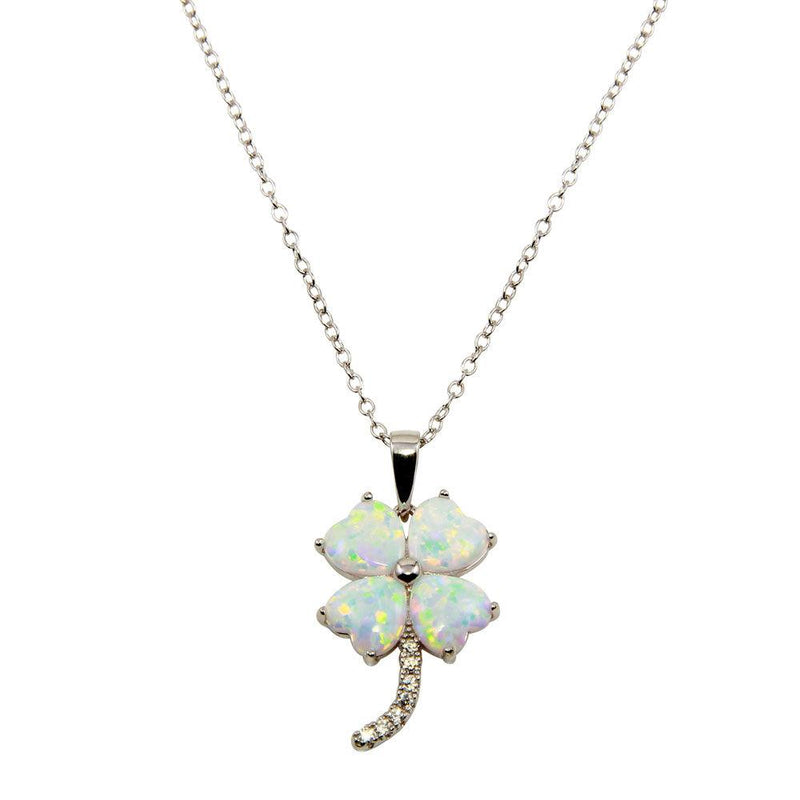 Silver 925 Rhodium Plated CZ Opal Clover Leaf Necklace - BGP01240 | Silver Palace Inc.