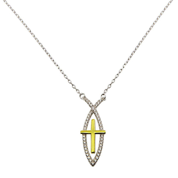 Silver 925 Rhodium Plated CZ Fish Sign with Gold Plated Cross Necklace - BGP01242 | Silver Palace Inc.