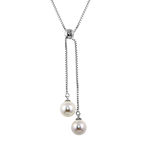 Silver 925 Rhodium Plated Box Drop Synthetic Pearl Necklace - BGP01243 | Silver Palace Inc.