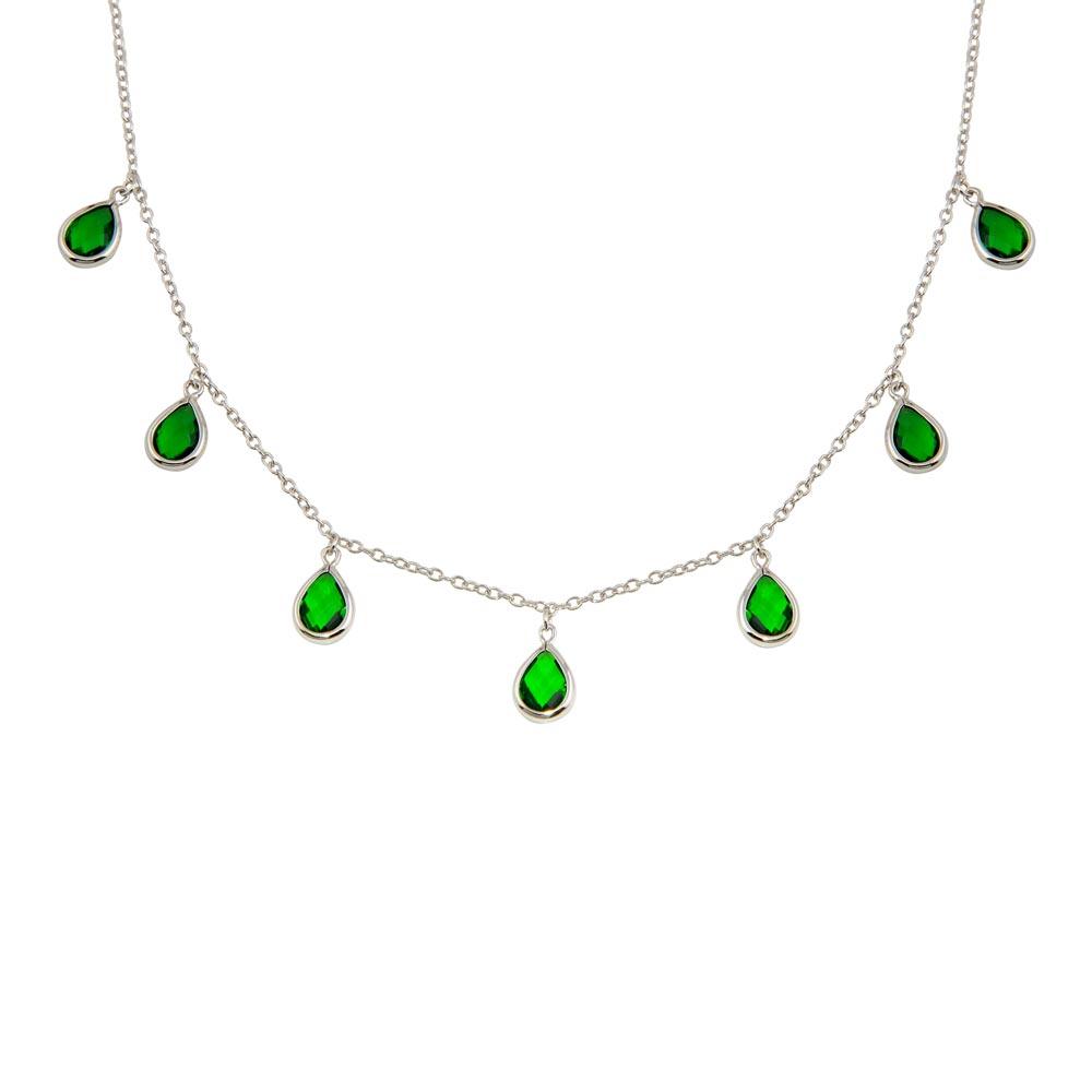 Silver 925 Rhodium Plated Dangling Green CZ Teardrop Necklace - BGP01250GRN