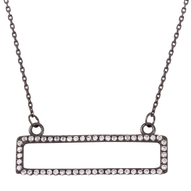 Silver 925 Black Rhodium Plated Open Rectangle Pendant Necklace with CZ - BGP01262 | Silver Palace Inc.