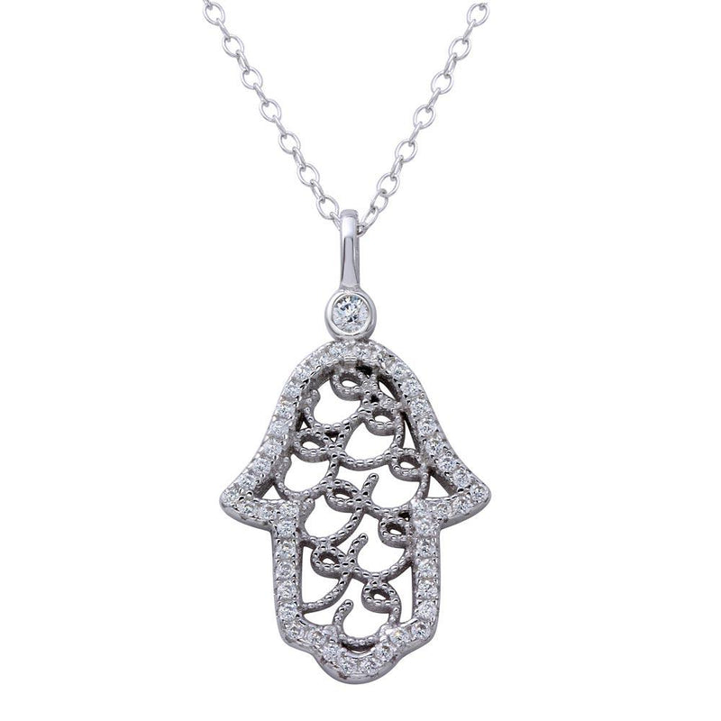 Silver 925 Rhodium Plated Hamsa Hand CZ Border Necklace - BGP01269 | Silver Palace Inc.