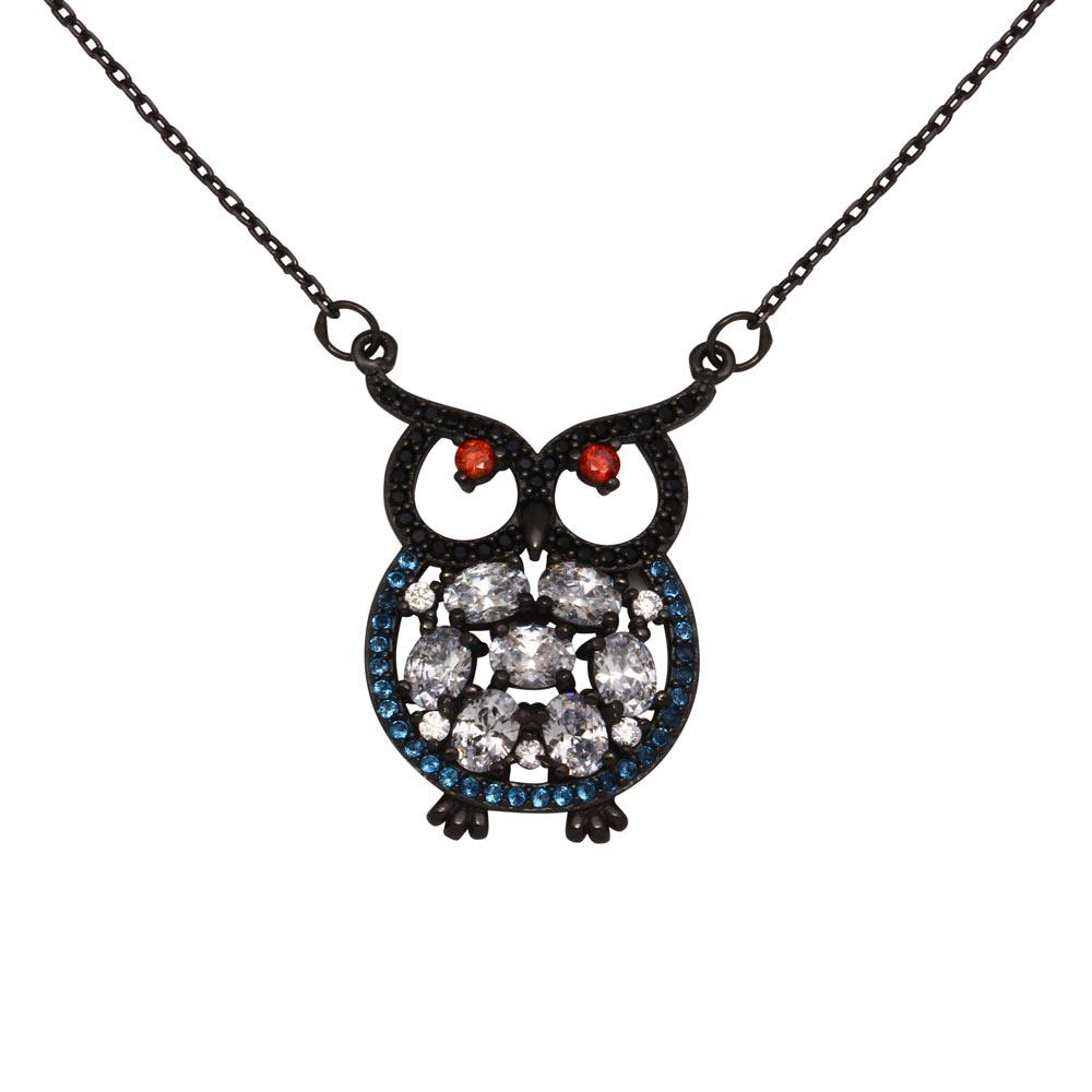 Silver 925 Black Rhodium Plated Multi-Colored Owl CZ Necklace - BGP01270 | Silver Palace Inc.