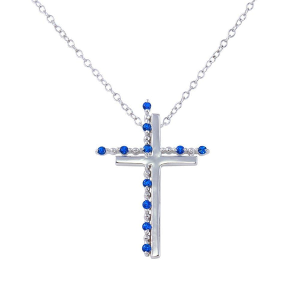 Silver 925 Rhodium Plated Double Cross Pendant with Blue CZ - BGP01272BLU | Silver Palace Inc.