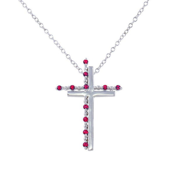 Silver 925 Rhodium Plated Double Cross Pendant with Red CZ - BGP01272GAR | Silver Palace Inc.
