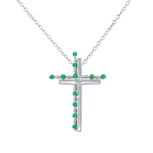 Silver 925 Rhodium Plated Double Cross Pendant with Green CZ - BGP01272GRN | Silver Palace Inc.
