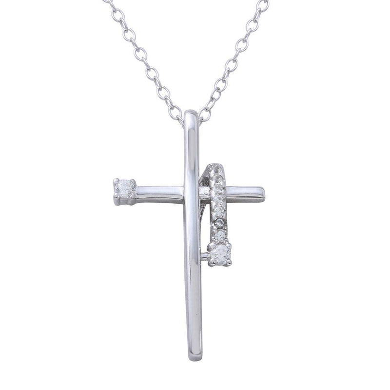 Silver 925 Rhodium Plated Clear CZ Designed Cross Necklace - BGP01273CLR | Silver Palace Inc.
