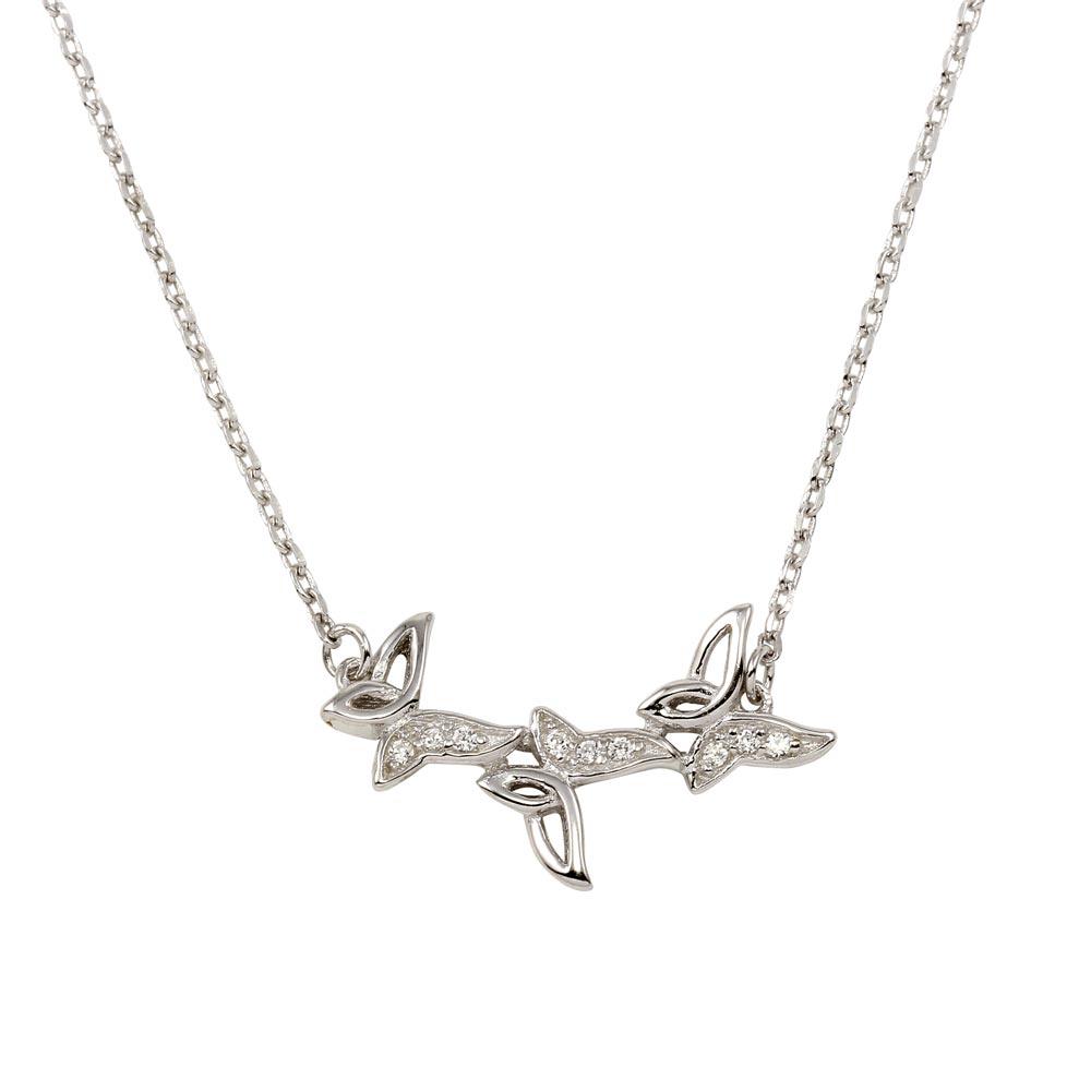 Silver 925 Rhodium Plated 3 Butterfly Pendant Necklace with CZ - BGP01280 | Silver Palace Inc.