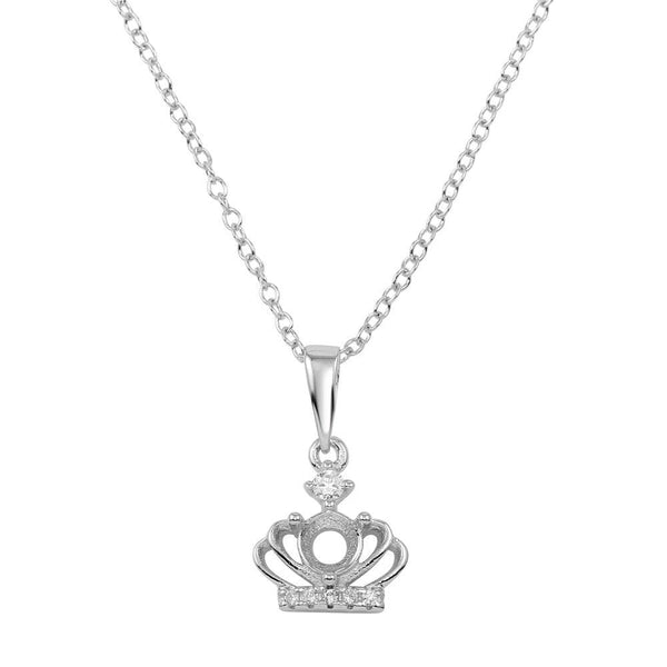 Silver 925 Rhodium Plated Crown Mount Pendant Necklace with CZ - BGP01283CZ | Silver Palace Inc.
