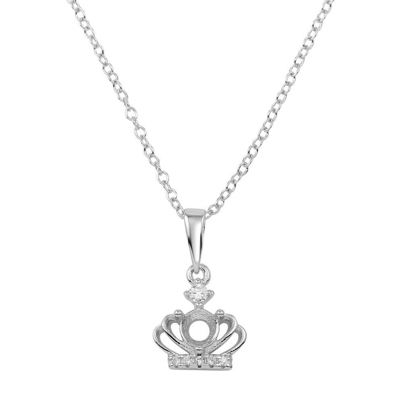 Silver 925 Rhodium Plated Crown Mount Pendant Necklace with CZ - BGP01283CZ | Silver Palace Inc.