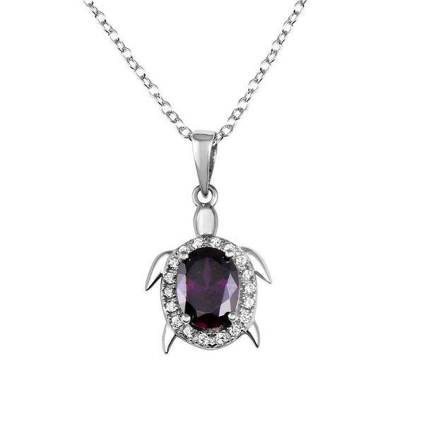 Silver 925 Turtle Pendant Necklace with Purple CZ - BGP01284 | Silver Palace Inc.