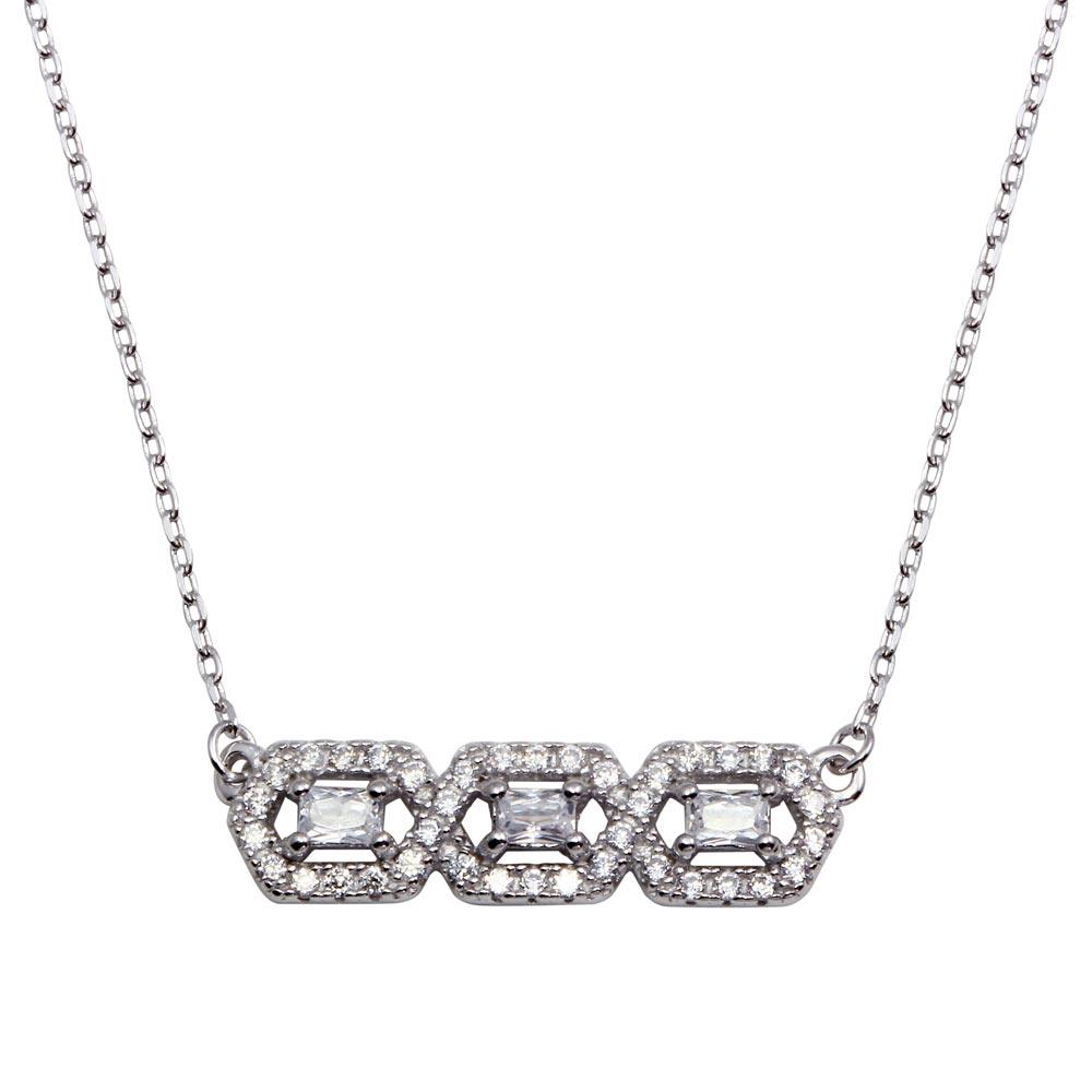 Silver 925 Rhodium Plated Triple CZ Pendant Necklace - BGP01286 | Silver Palace Inc.