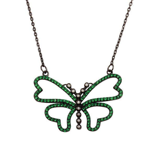 Silver 925 Black Rhodium Plated Green CZ Butterfly Pendant Necklace - BGP01304 | Silver Palace Inc.