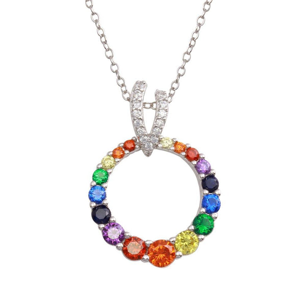 Silver 925 Rhodium Plated Open Round Rainbow CZ Pendant Necklace - BGP01308 | Silver Palace Inc.