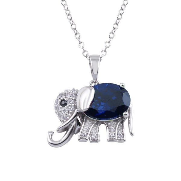 Silver 925 Rhodium Plated Blue CZ Elephant Pendant Necklace - BGP01313BLU | Silver Palace Inc.