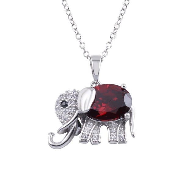 Silver 925 Rhodium Plated Red CZ Elephant Pendant Necklace - BGP01313RED | Silver Palace Inc.