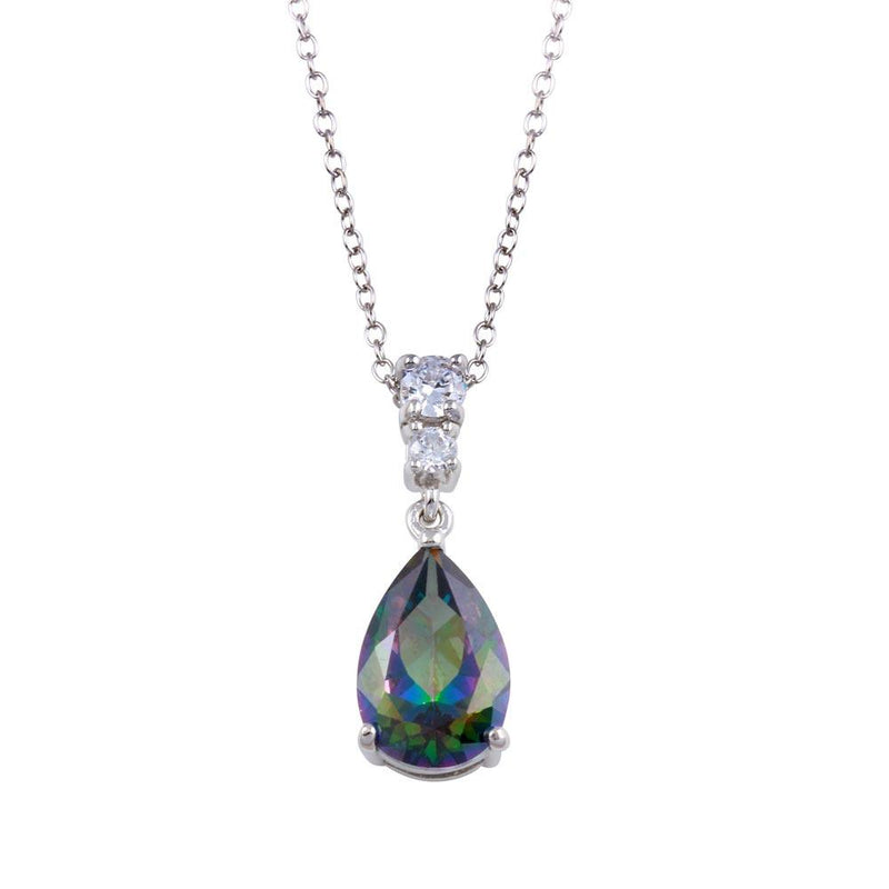 Silver 925 Rhodium Plated Synthetic Mystic Topaz Teardrop CZ Necklace - BGP01315 | Silver Palace Inc.