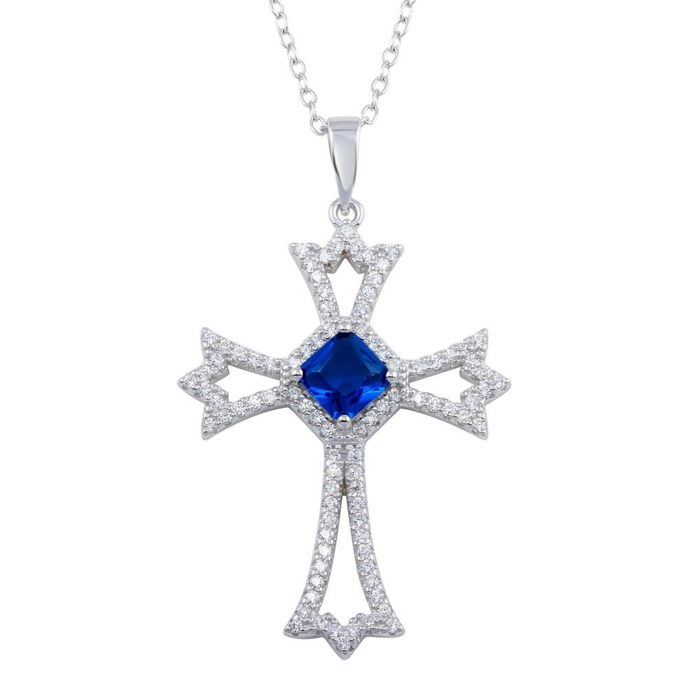 Silver 925 Rhodium Plated Blue CZ Center Open CZ Cross Necklace - BGP01319 | Silver Palace Inc.
