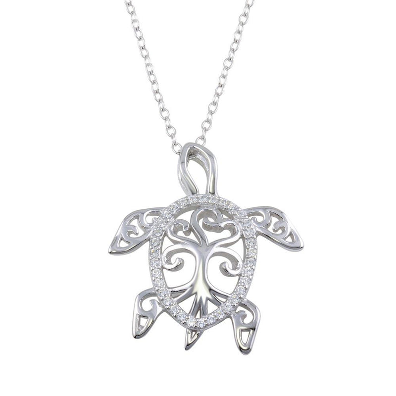 Silver 925 Rhodium Plated Family Tree Design CZ Turtle Necklace - BGP01321 | Silver Palace Inc.