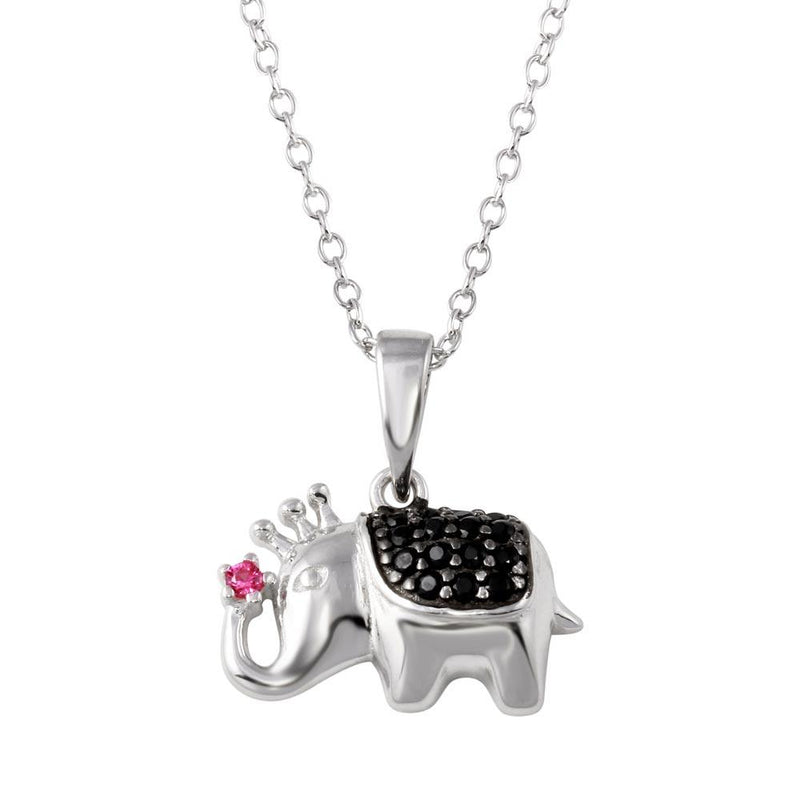Silver 925 Rhodium Plated Black and Pink CZ Elephant Pendant Necklace - BGP01323 | Silver Palace Inc.