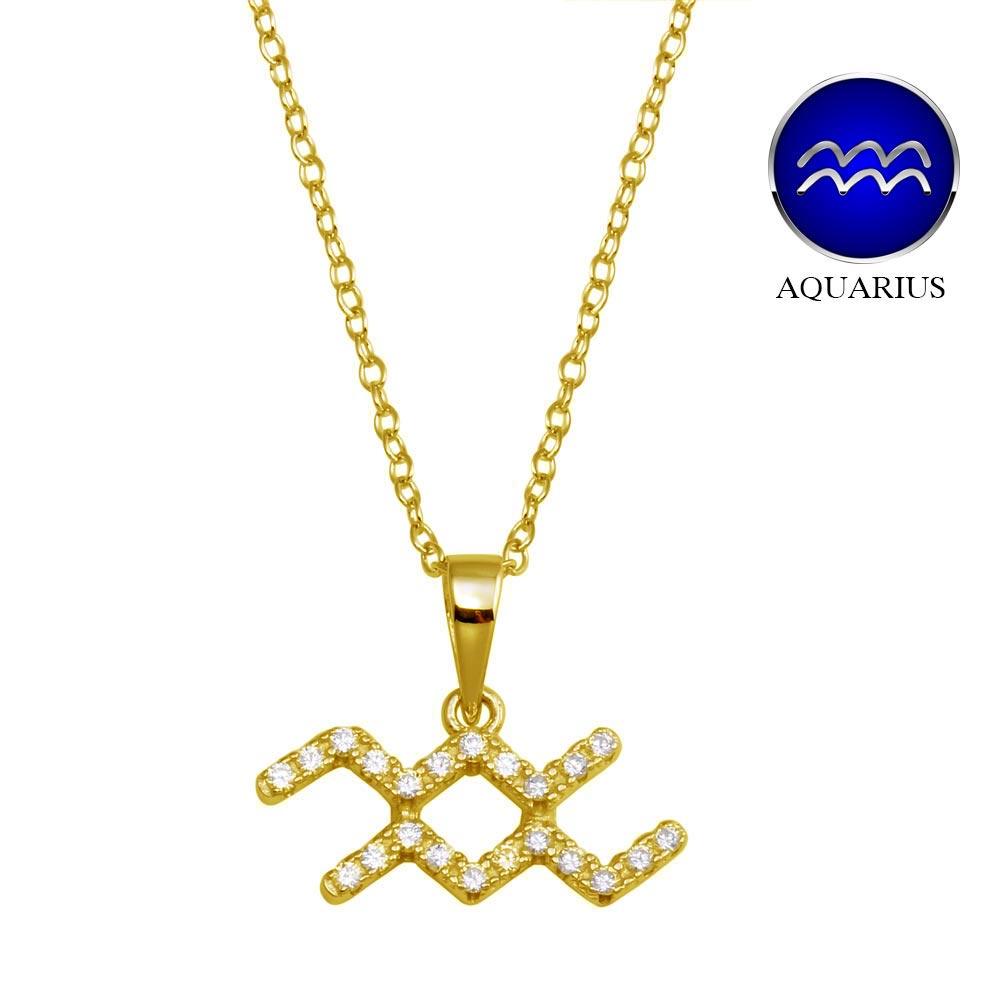 Silver 925 Gold Plated Aquarius CZ Zodiac Sign Necklace - BGP01328GP | Silver Palace Inc.
