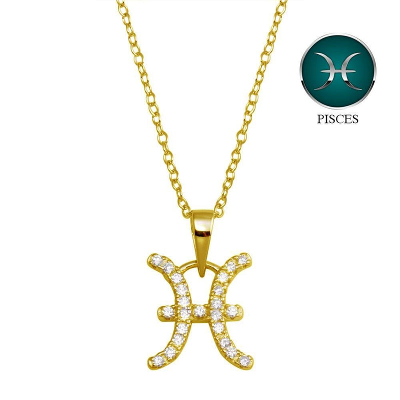 Silver 925 Gold Plated Pisces CZ Zodiac Sign Necklace - BGP01329GP | Silver Palace Inc.