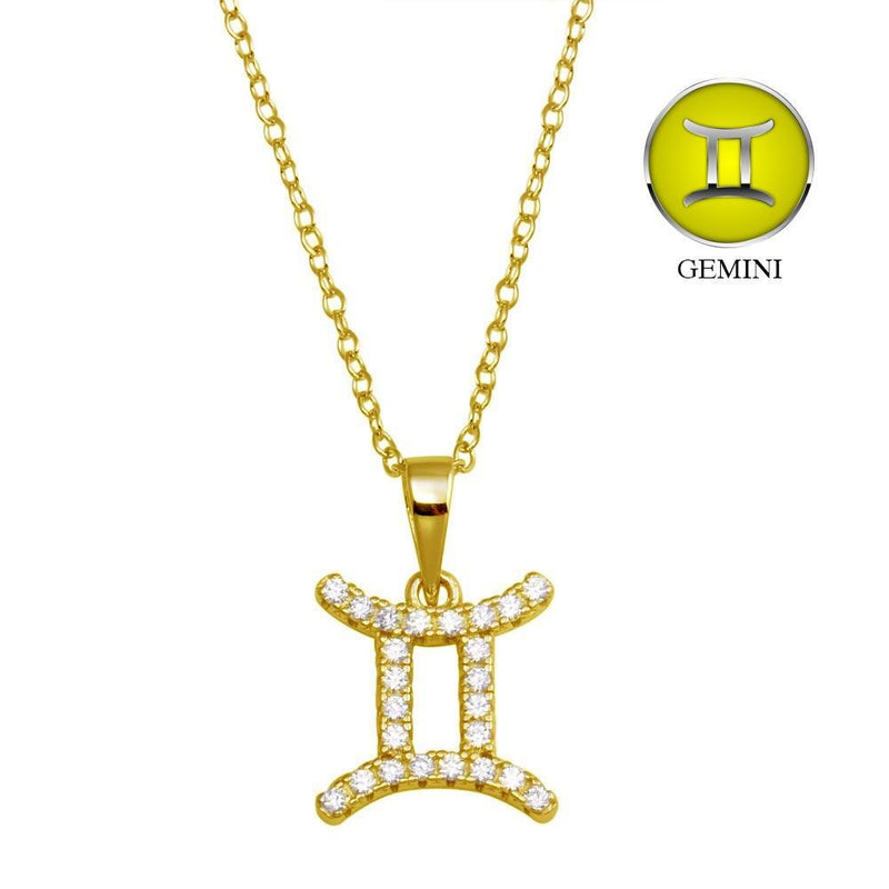 Silver 925 Gold Plated Gemini CZ Zodiac Sign Necklace - BGP01332GP | Silver Palace Inc.