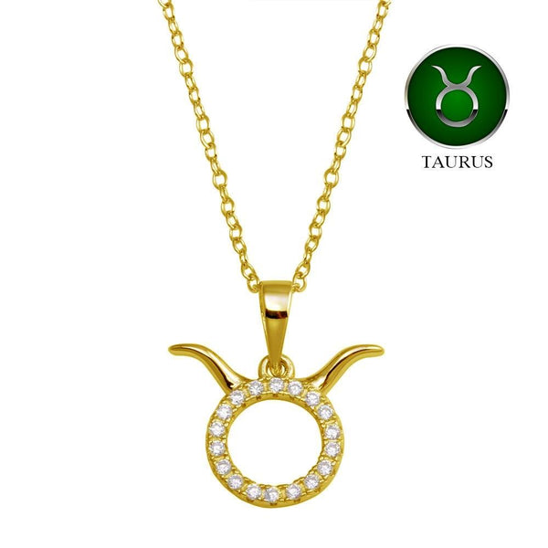 Silver 925 Gold Plated Taurus CZ Zodiac Sign Necklace - BGP01334GP | Silver Palace Inc.