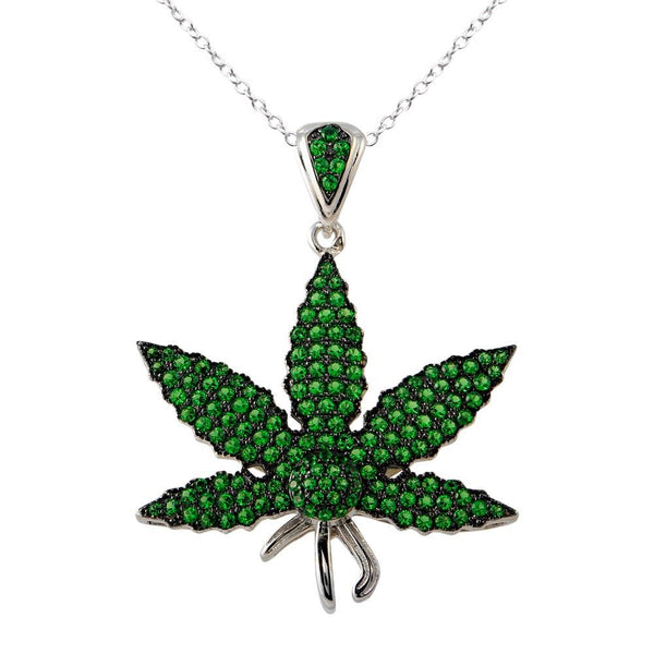Silver 925 Rhodium Plated Green CZ Marijuana Leaf Necklace - BGP01340 | Silver Palace Inc.