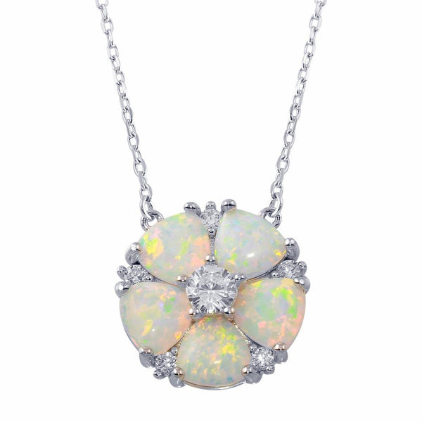 Silver 925 Rhodium Plated Opal and CZ Round Flower Necklace - BGP01342 | Silver Palace Inc.