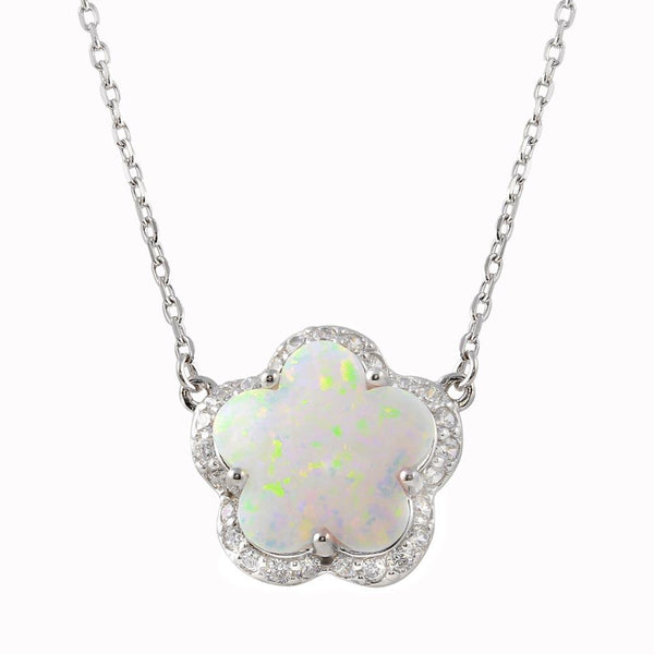 Silver 925 Rhodium Plated Opal and CZ Flower Necklace - BGP01343 | Silver Palace Inc.