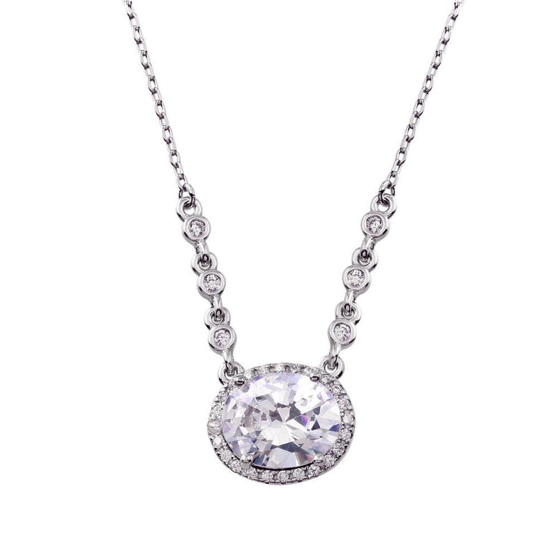 Silver 925 Rhodium Plated Floating Halo Oval CZ Necklace - BGP01348 | Silver Palace Inc.