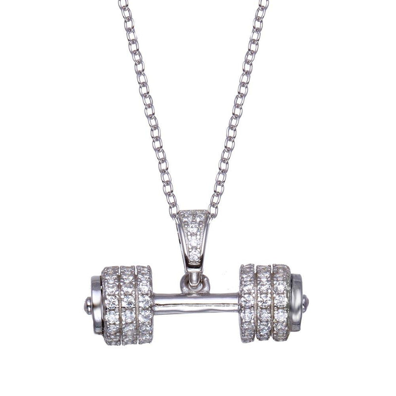 Silver 925 Rhodium Plated Small Dumbbell CZ Necklace - BGP01353 | Silver Palace Inc.