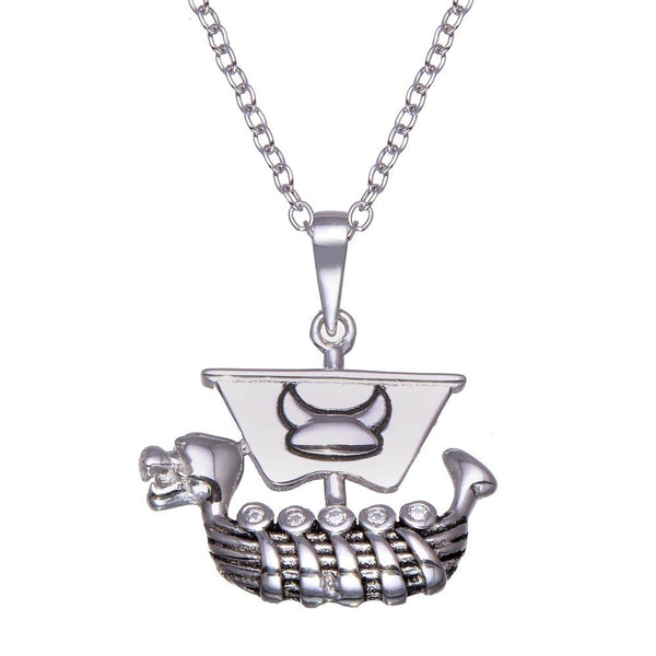 Silver 925 Rhodium Plated Viking Ship Necklace - BGP01357 | Silver Palace Inc.