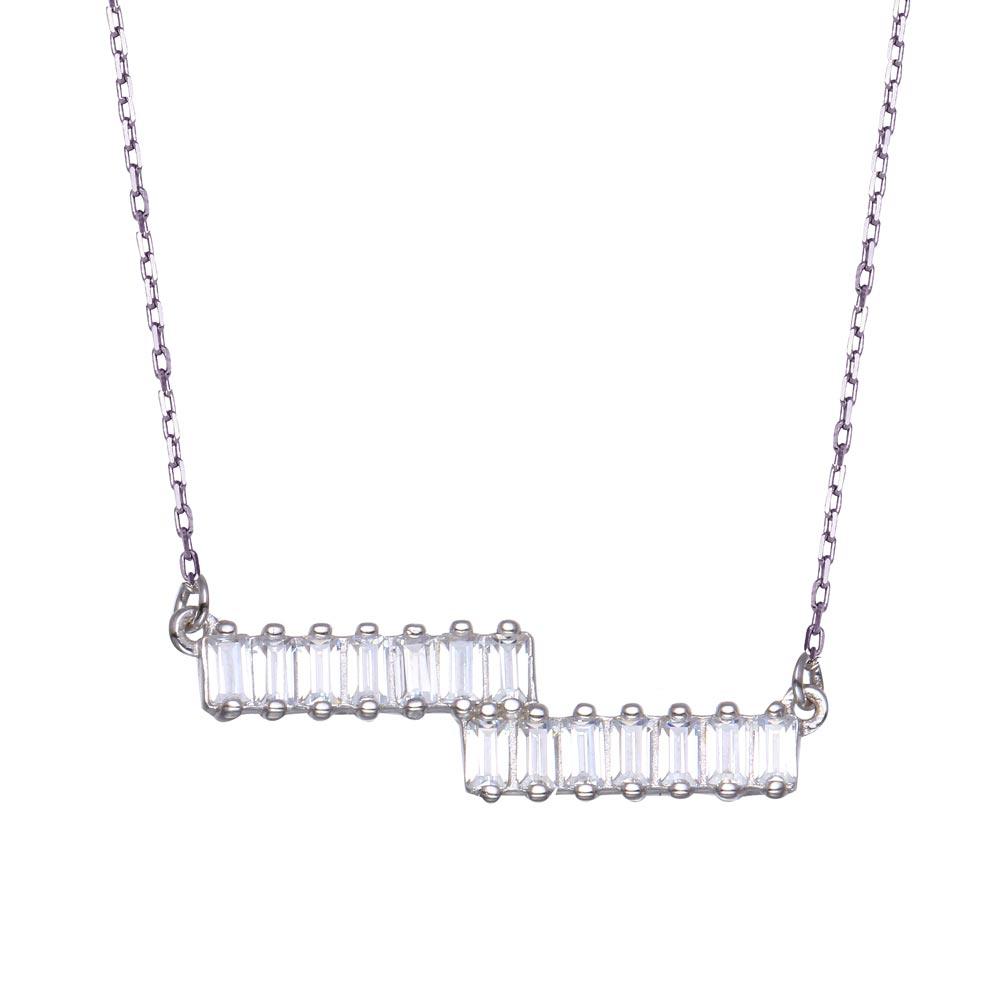 Silver 925 Rhodium Plated Double Baguette Horizontal Bar CZ Necklace - BGP01360 | Silver Palace Inc.
