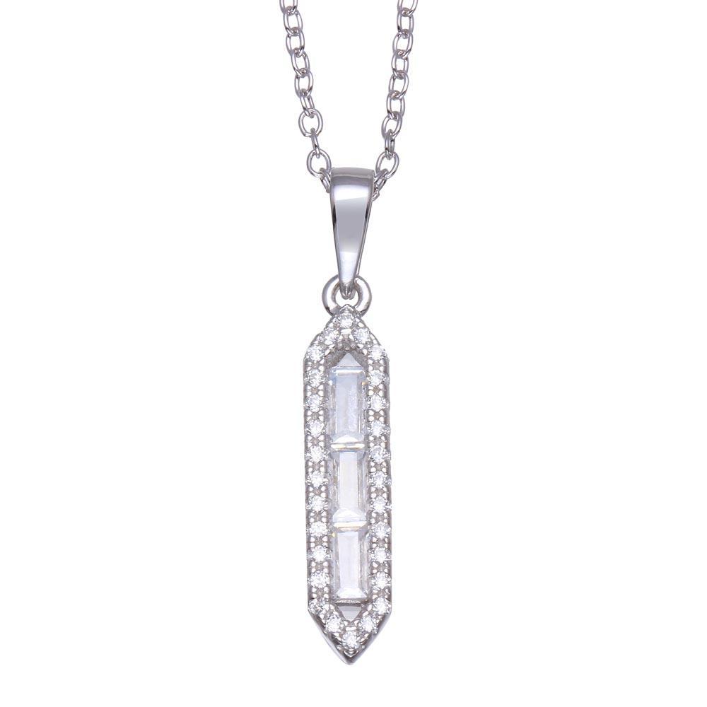 Silver 925 Rhodium Plated Baguette Vertical Bar CZ Necklace - BGP01362 | Silver Palace Inc.