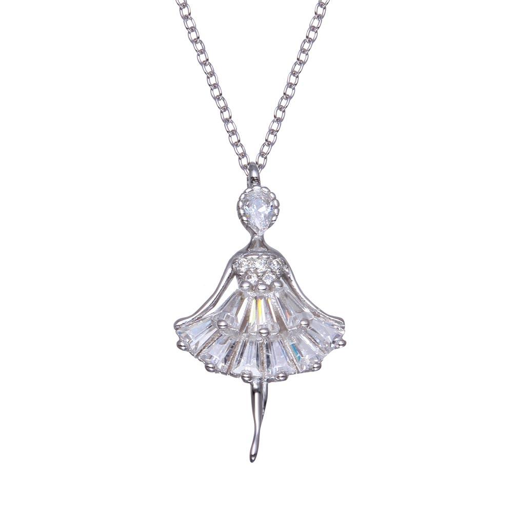 Silver 925 Rhodium Plated Ballerina Baguette CZ Necklace - BGP01364 | Silver Palace Inc.