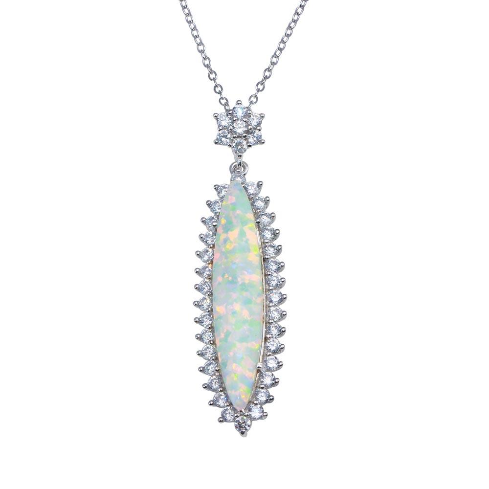 Rhodium Plated 925 Sterling Silver Teardrop Synthetic Opal Necklace with CZ - BGP01367 | Silver Palace Inc.